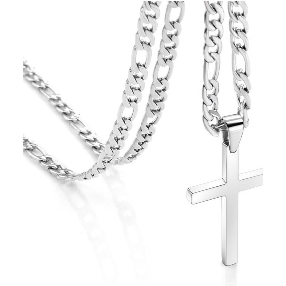 22" Men Stainless‎ Steel Silver Figaro Chain Necklace Cross Pendant